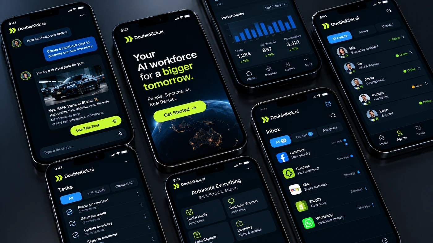 Mobile application interface screens shown on several handsets