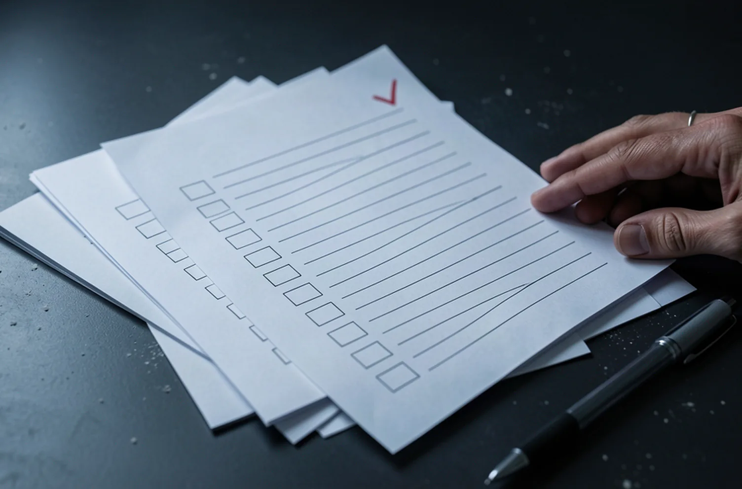 A short stack of printed task sheets on a dark desk with the top sheet ticked in red pen