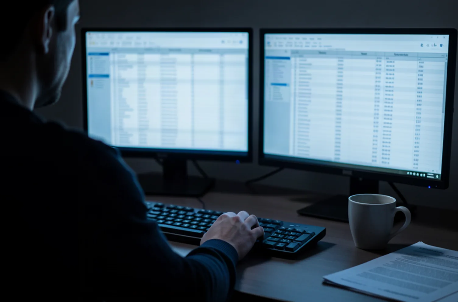 A person working late at a dual monitor desk in a dim office, spreadsheets out of focus on screen