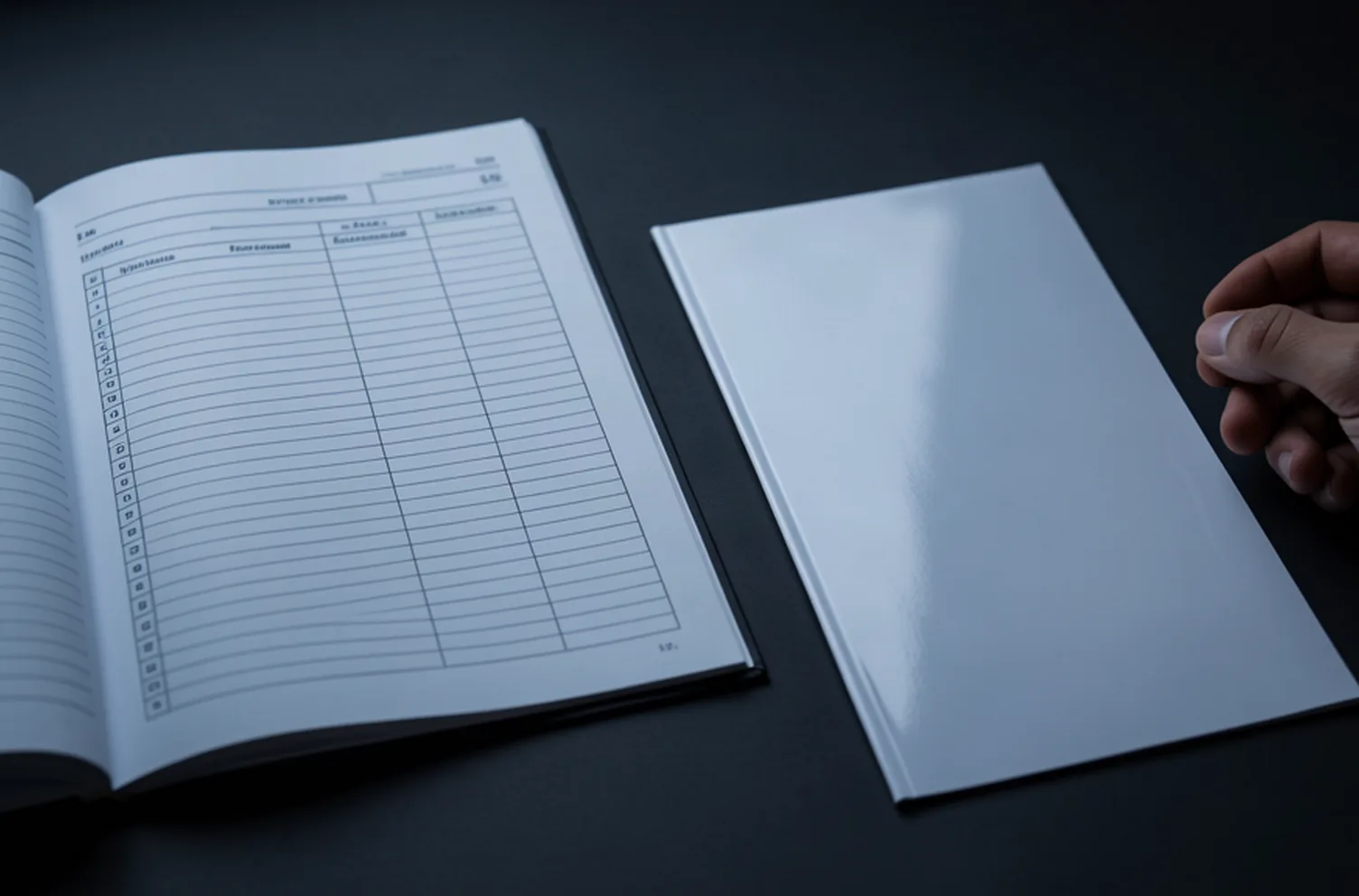 An open working document with tabbed sections beside a thin printed brochure on a dark desk
