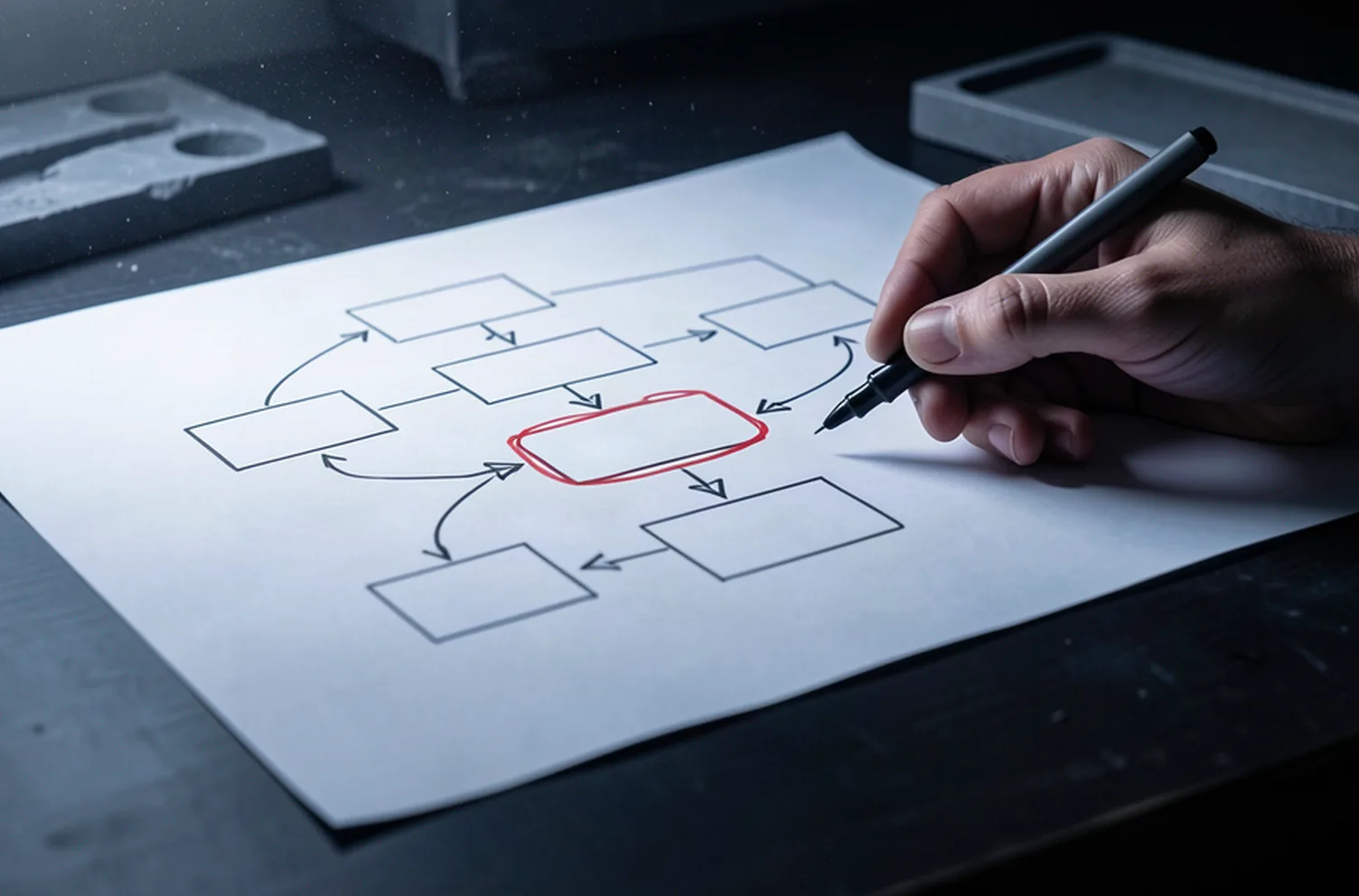 A printed business process map on a dark desk with the one repeated step circled in red pen