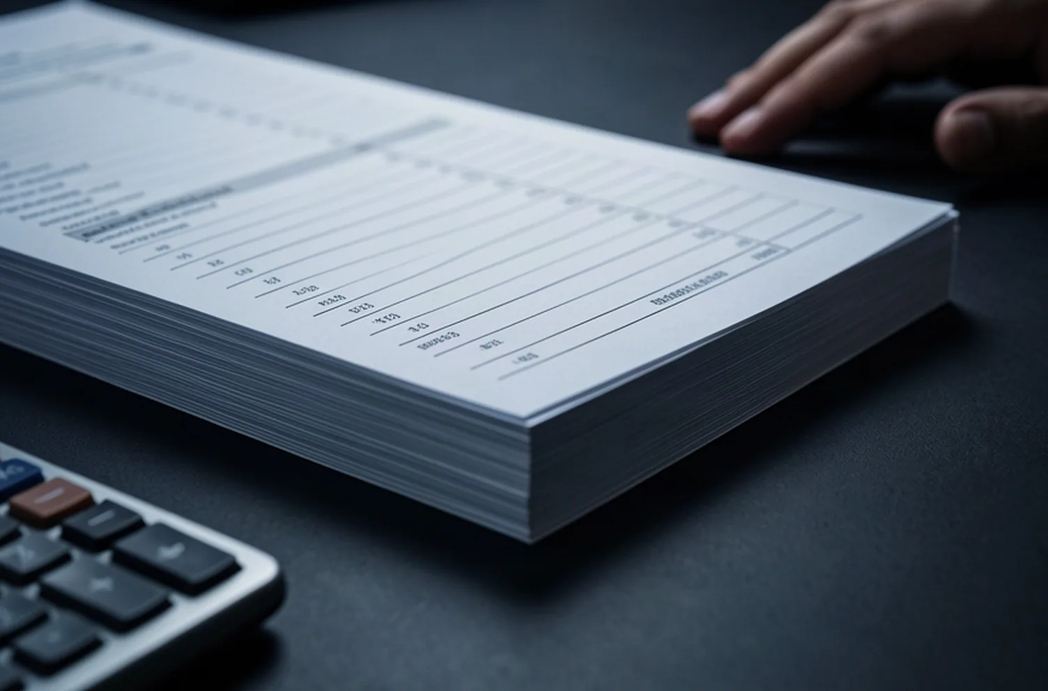 The edge of a stack of printed invoices at a low angle on a dark desk beside a small calculator