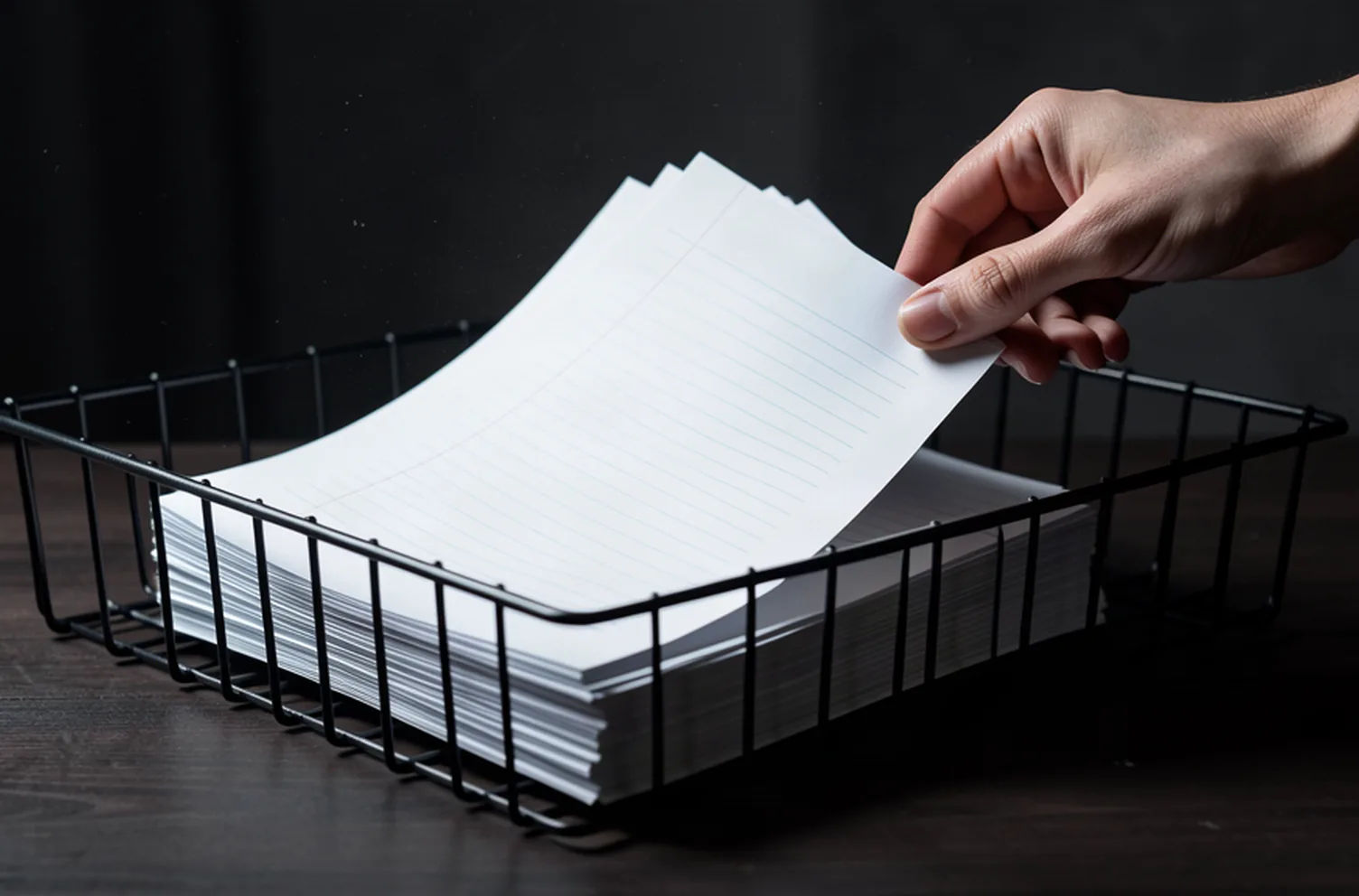 A wire tray of printed case dockets on a dark desk with one docket lifted clear by hand