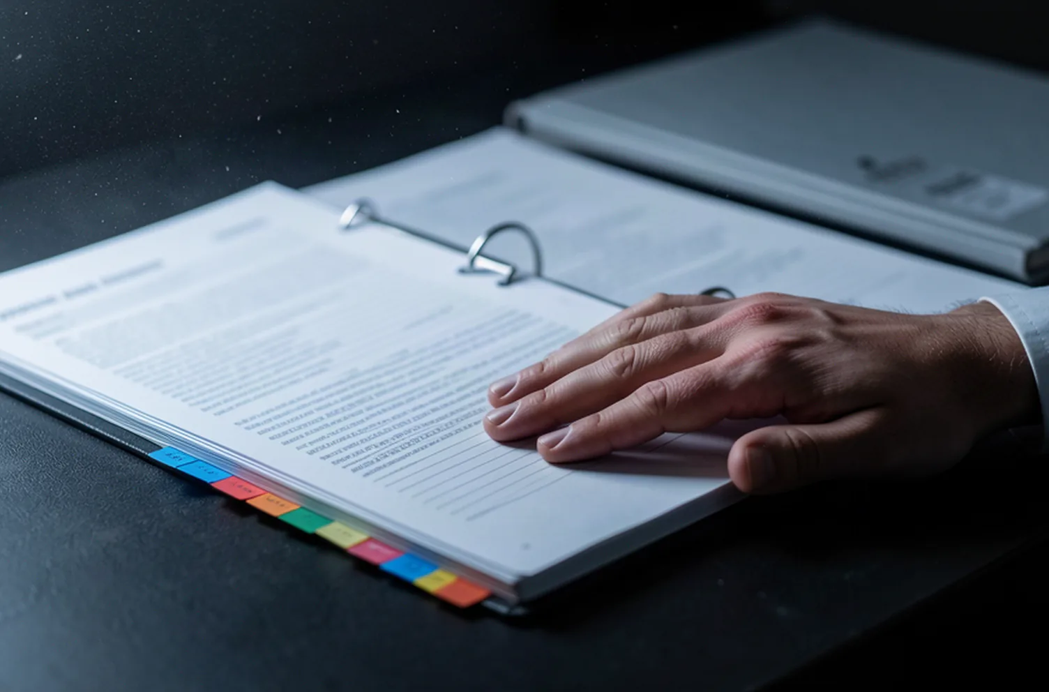 An open ring binder of tabbed runbook sections on a dark desk with a hand resting on the page