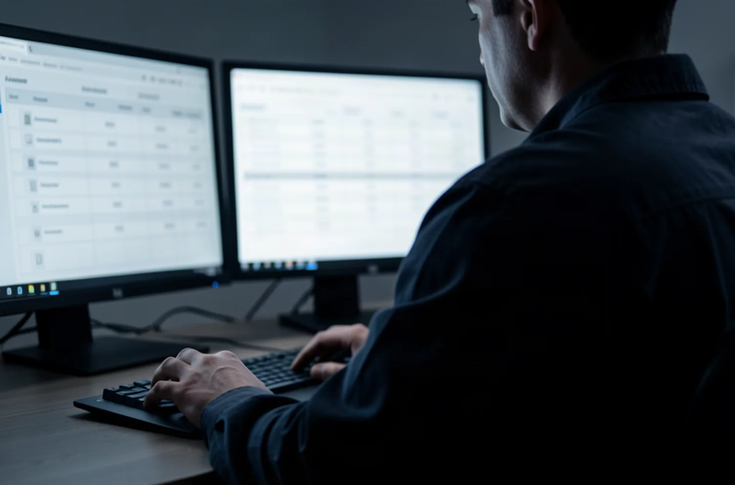 A person reviewing Salesforce access and sharing permissions across two monitors in a dim office