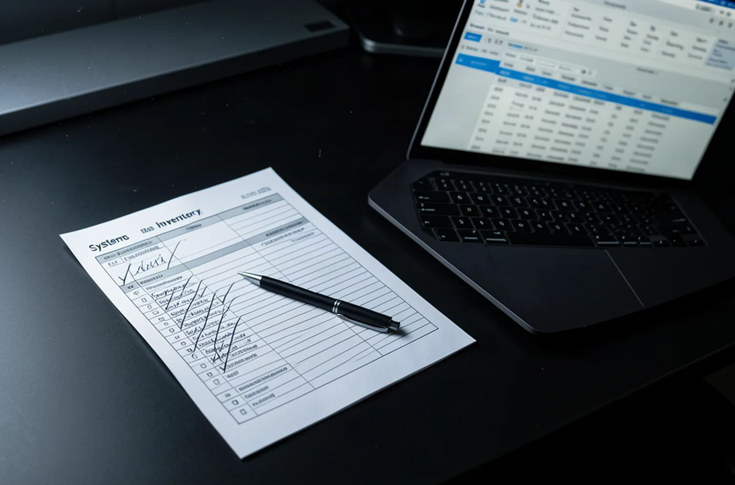 A printed Salesforce field inventory on a dark desk beside a laptop showing a table of objects and fields
