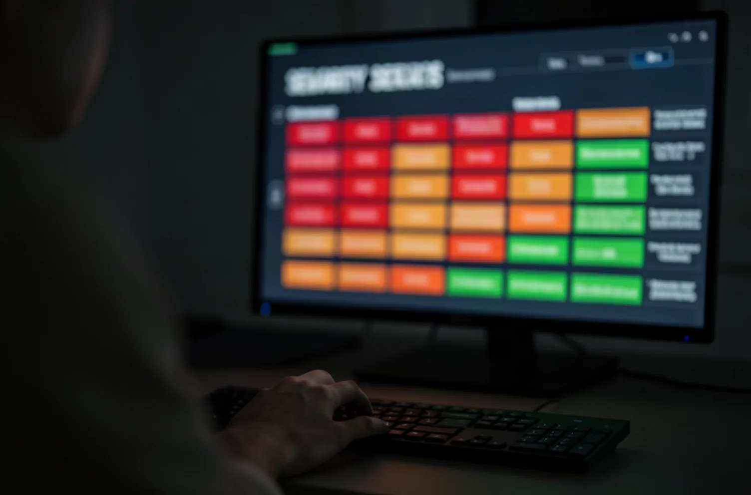 A person reviewing a colour-coded severity board on a monitor in a dim office, findings graded from low to critical