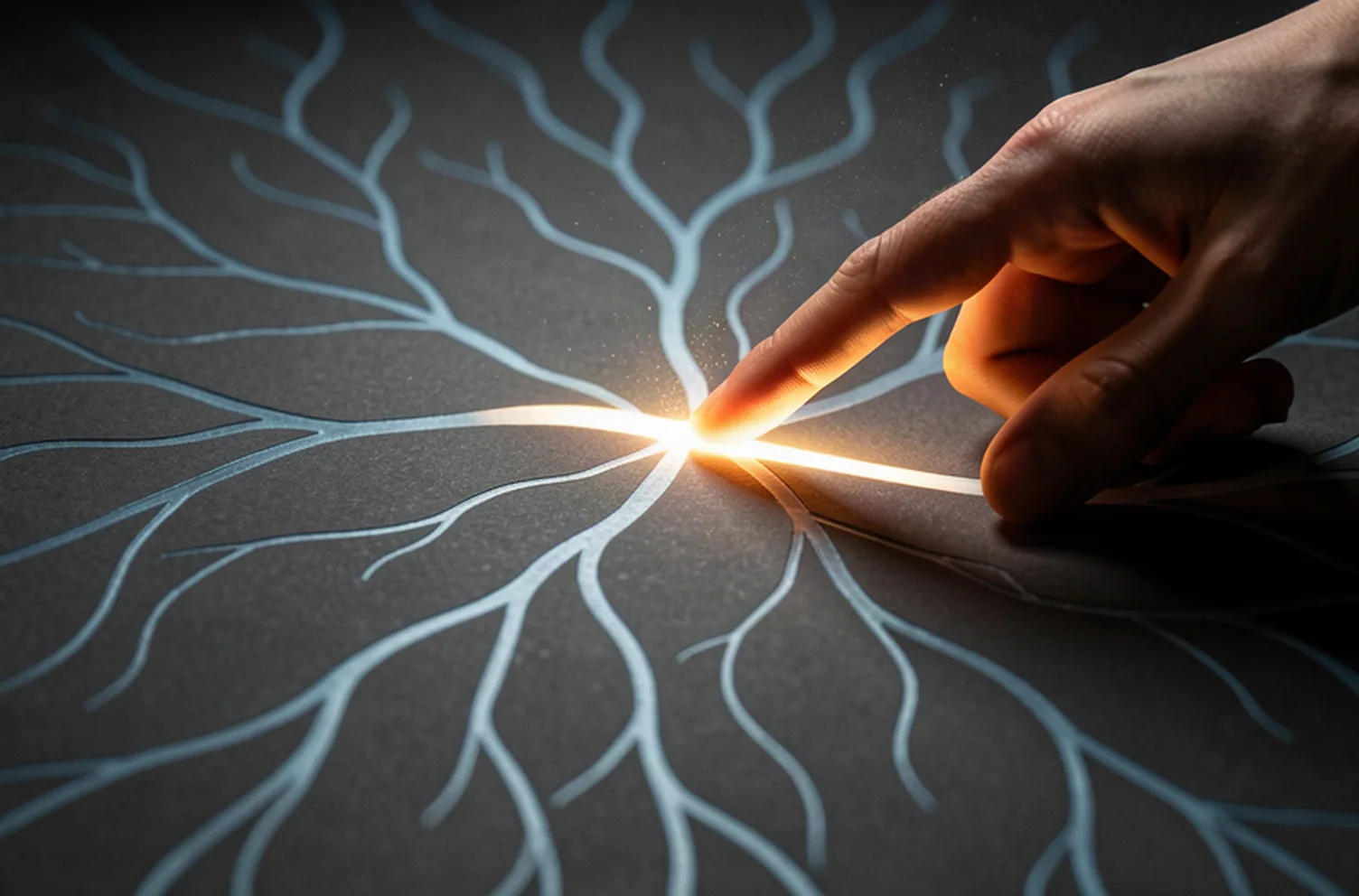 A hand tracing one highlighted integration route across a dark surface covered in fainter connection paths