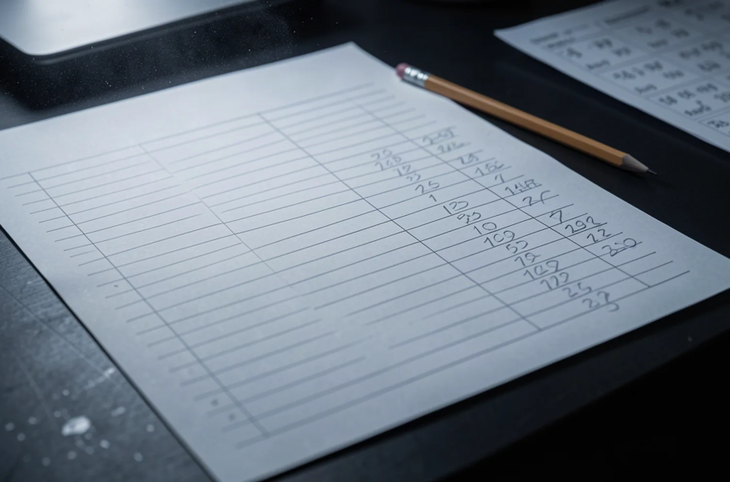 A printed blank ruled table on a dark desk with handwritten figures pencilled beside the columns