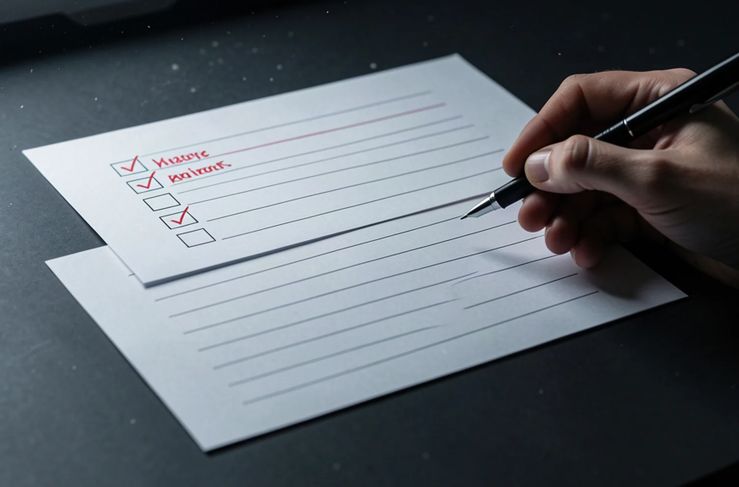 A printed sheet with four ruled rows and tick boxes on a dark desk, the top row marked in red pen
