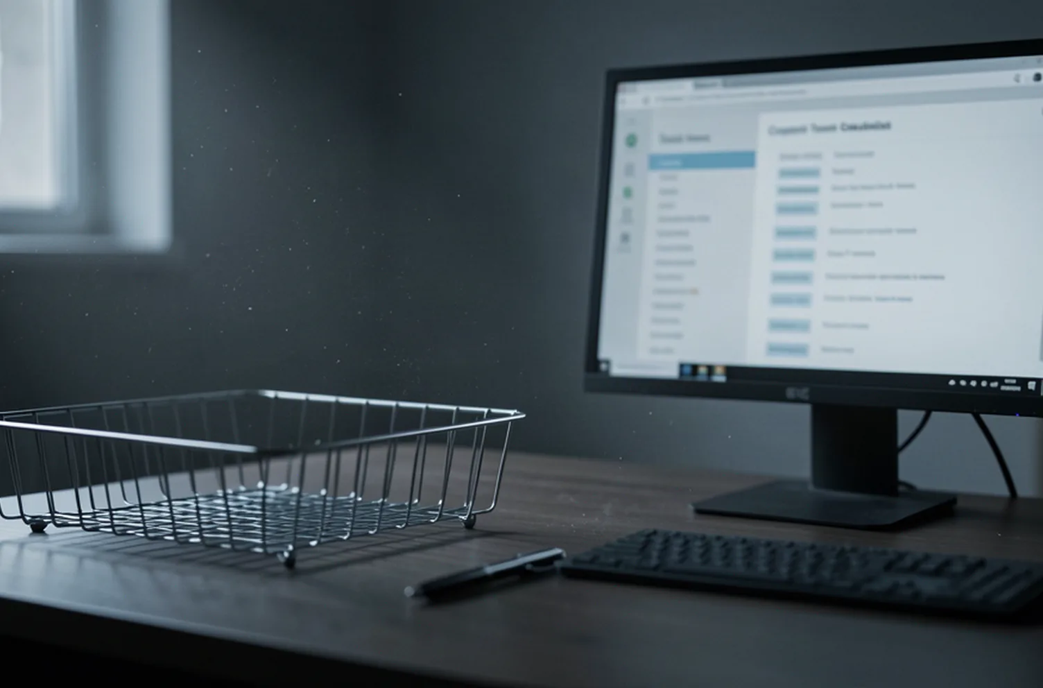 An emptied wire in-tray beside a monitor in a dim office, the task list on screen out of focus