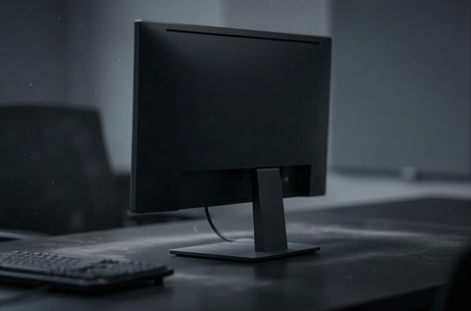 The rear of a switched-off unbranded monitor on a dark office desk with a film of dust