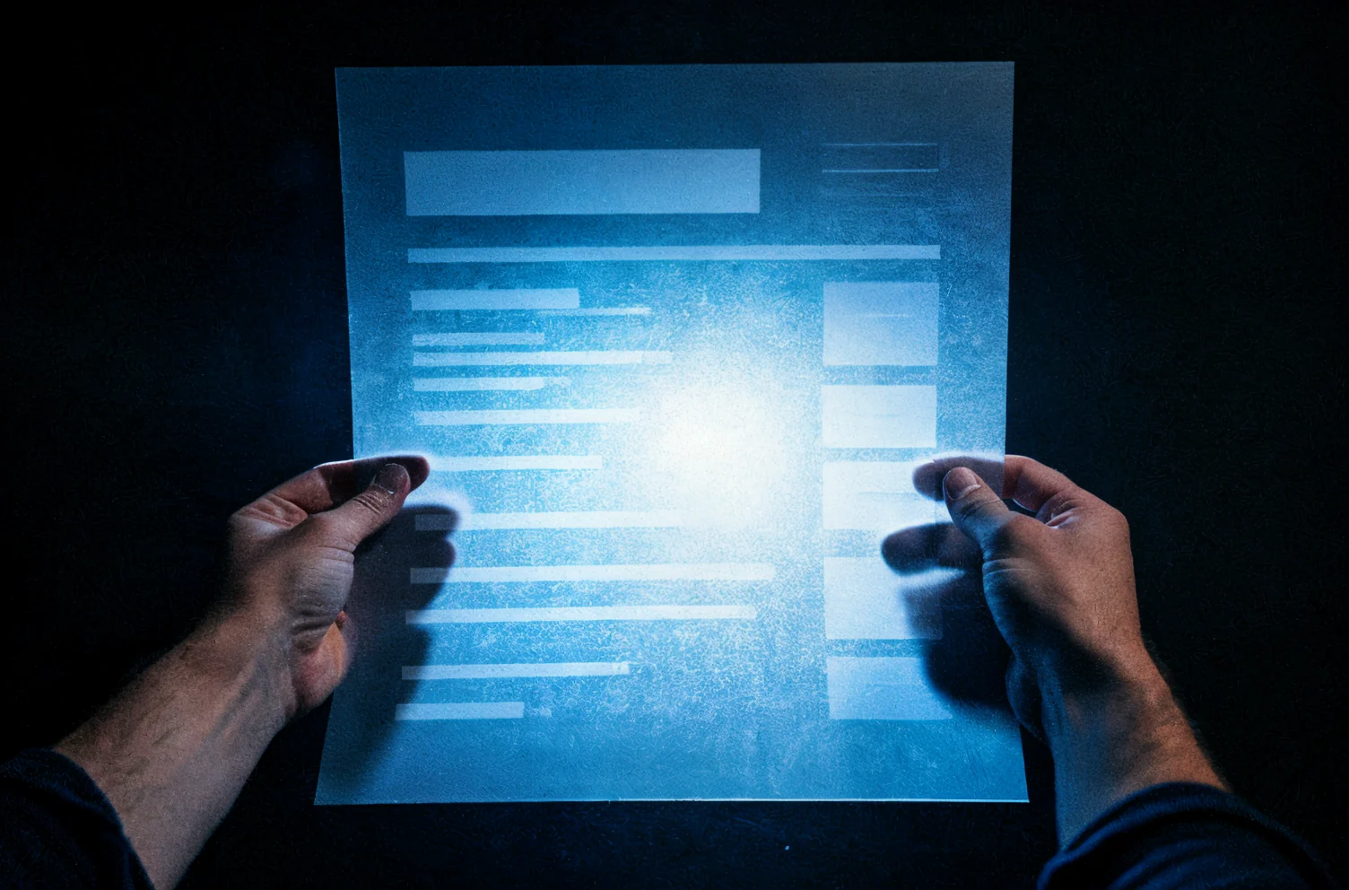 Two hands holding a printed invoice up to the light so one page glows through with its ruled blocks.