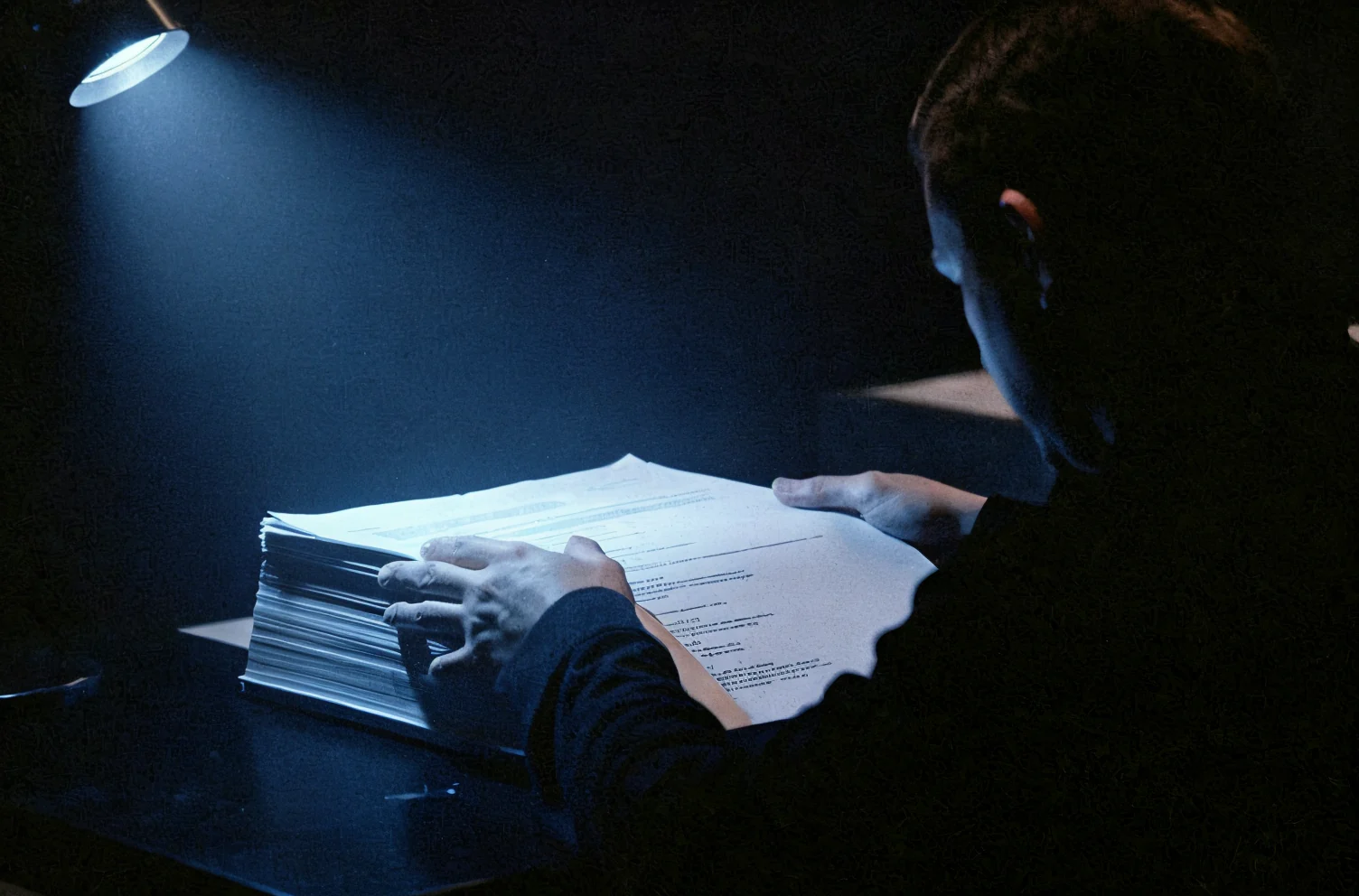 A person seen from behind at a dark desk reading a thick stack of printed pages under a hard blue beam.